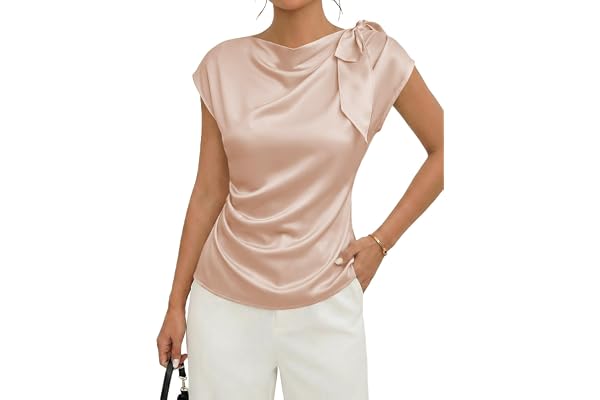EVALESS EVALESS Satin Blouses for Women Dressy Casual Trendy 2026 Summer Silk Tops | Cap Short Sleeve Cowl Neck Bow Tie Pleated Shirts,Work Office Business Professional Date Night Outfits,Fashion Spring Clothes