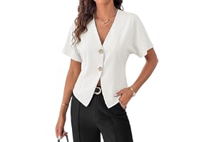 EVALESS EVALESS Business Casual Tops for Women Short Sleeve Blouses | Summer V Neck Shirts with Gold Buttons,Asymmetric Hem,Work Office Interview Professional Formal Outfits
