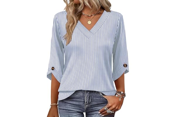 OFEEFAN OFEEFAN 3/4 Length Sleeve Womens Tops Dressy Casual Blouses V Neck T Shirts Summer Tops Spring Outfits Loose Fit