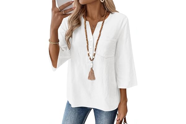 LOMON LOMON 3/4 Length Sleeve Womens Summer Tops Dressy Casual Button Down Shirts for Women Womens Loose Fit V Neck t Shirts