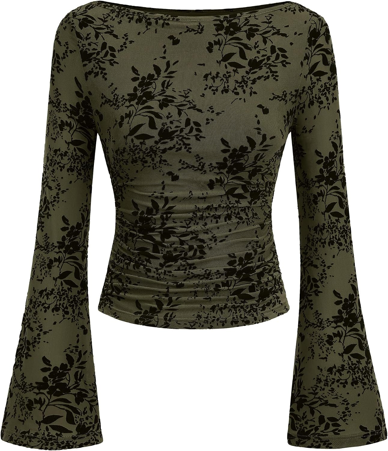 PRETTYGARDEN PRETTYGARDEN Women's Bell Sleeve Floral Mesh Crop Tops