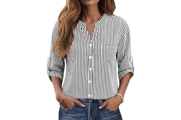 LOMON LOMON Women's Button Down Shirts 3/4 Length Sleeve Tops Casual Work Shirt with Pocket S-XXL