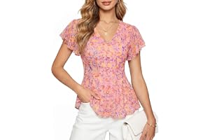 GRACE KARIN GRACE KARIN Women Boho Mesh Blouses Dressy Casual Peplum Tops | Ruffle Short Sleeve Floral Shirts, V Neck Business Work Outfits, 2026 Summer Fashion Clothing