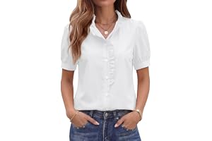 LOMON LOMON Button Down Shirts for Women Dressy Casual Puff Short Sleeve Ruffle Blouses Office Tops Work Shirt