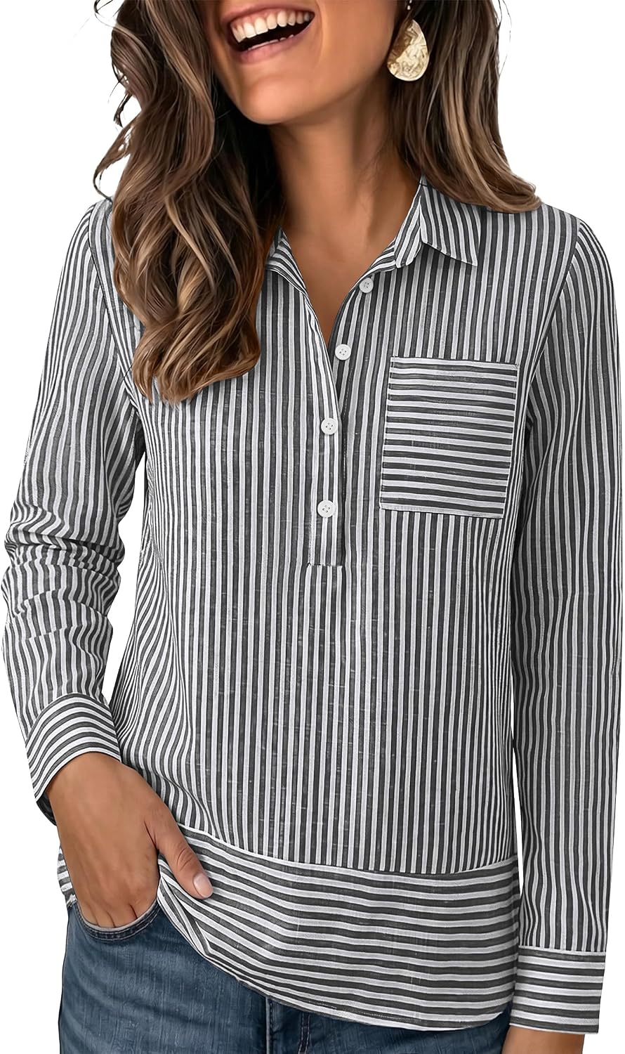 ANRABESS ANRABESS Womens Long Sleeve Shirt Button Down Collared Blouses
