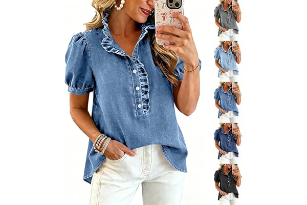 品牌待补抓 Womens Denim Shirt Puff Sleeve Button Down Ruffle Shirt Y2k Jean Top Summer Dressy Casual Loose Fit Tunic Tops
