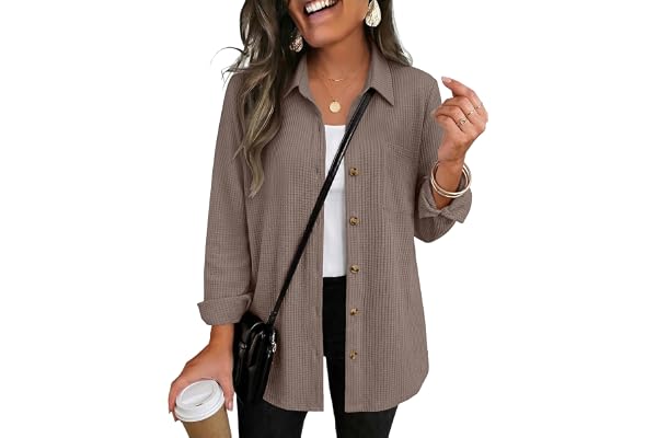 Zeagoo Zeagoo Womens Waffle Knit Shacket Button Down Long Sleeve Tops with Pocket | Collared Shirts for Women,Business Casual,Lightweight Breathable Soft Waffle Fabric,Trendy Layer for Early Autumn,Loose Fit