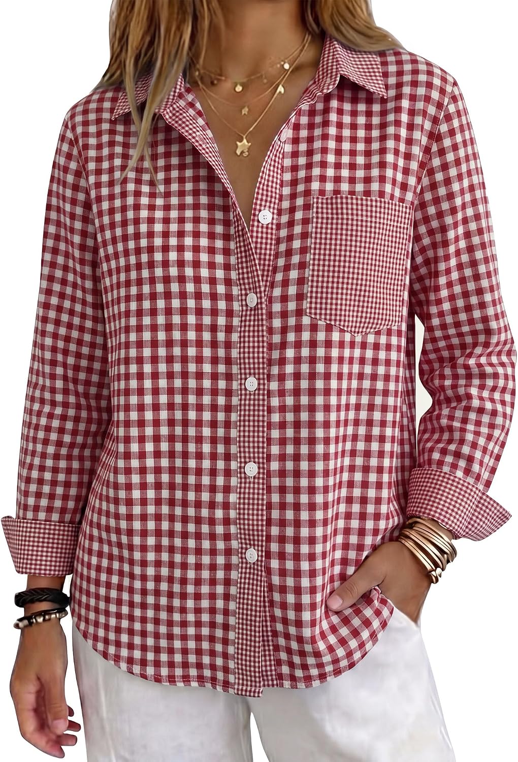 ANRABESS ANRABESS Womens Long Sleeve Button Down Gingham Striped Shirts