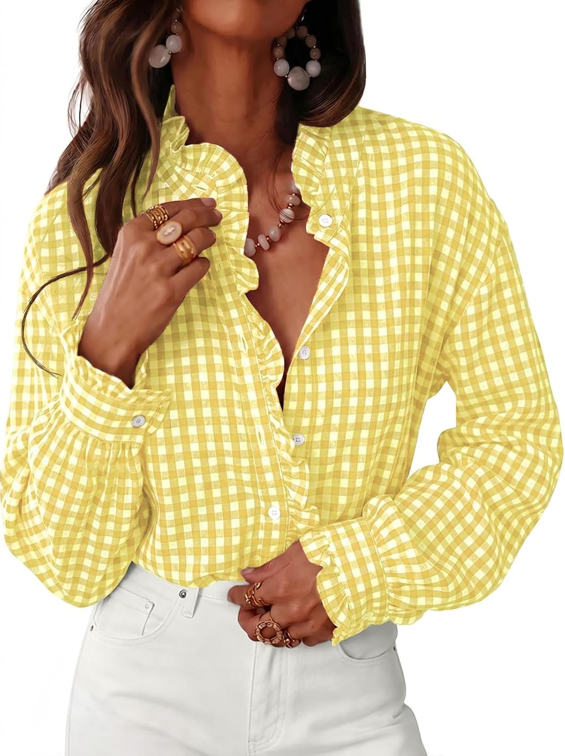 UNCLECAT UNCLECAT Womens Plaid Button Down Shirts Ruffle Long Sleeve Gingham Tops
