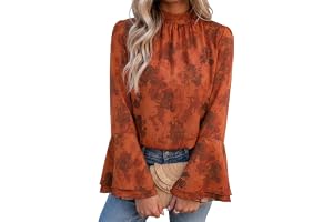 Dokotoo Dokotoo Womens Tops Boho Floral Long Bell Sleeve Mock Neck Pleated Front Tie Knot Back Casual Elegant Blouses Shirts
