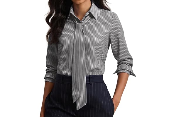 siliteelon Striped Button Down Shirts for Women Dress Shirt Long Sleeve Cotton Casual Blouse Collared Office Work Tops with tie