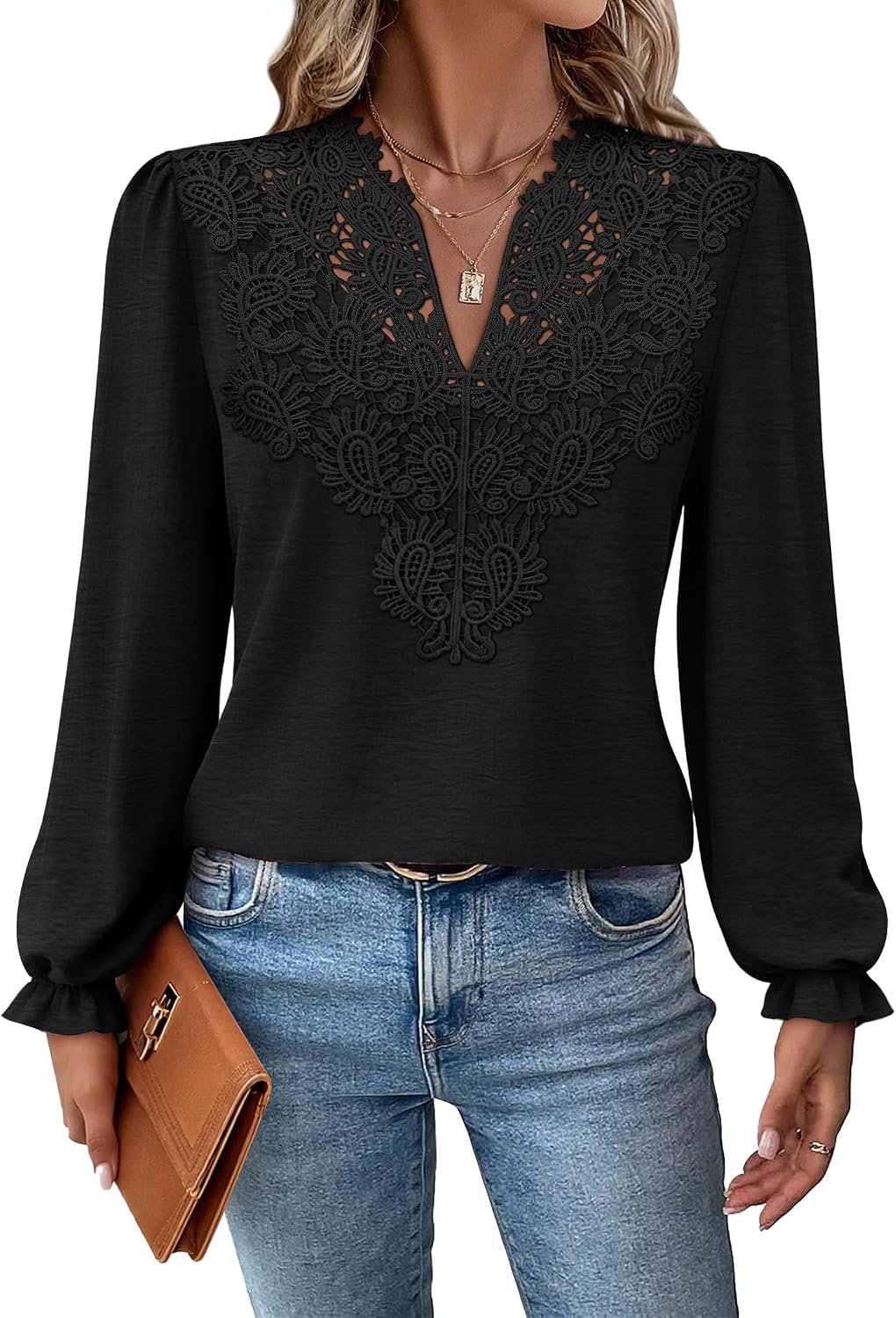 WIHOLL WIHOLL Womens Tops Lace Long Sleeve Tops for Women Boho V Neck Blouses