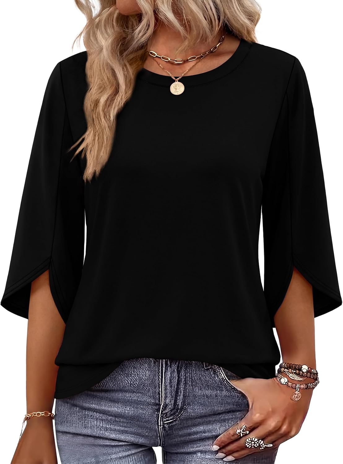 OFEEFAN OFEEFAN 3/4 Length Sleeve Womens Tops Crew Neck Petal Sleeve Fall Tops Womens Blouses Dressy Casual