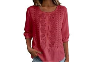 NEKSVTH Embroidered Tops for Women - Plus Size Cotton Linen Shirts 3/4 Sleeve Crewneck Blouses Casual Vacation Loose Clothes