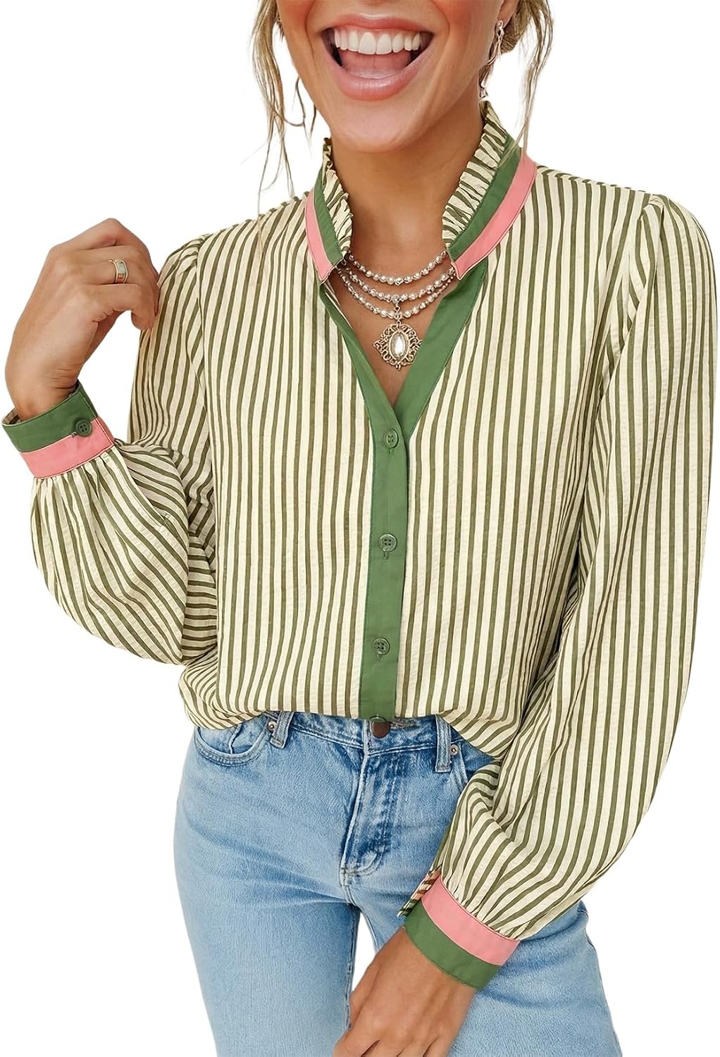 Dokotoo Dokotoo Womens Striped Button Down Shirt Long Sleeve V Neck Cotton Blouse