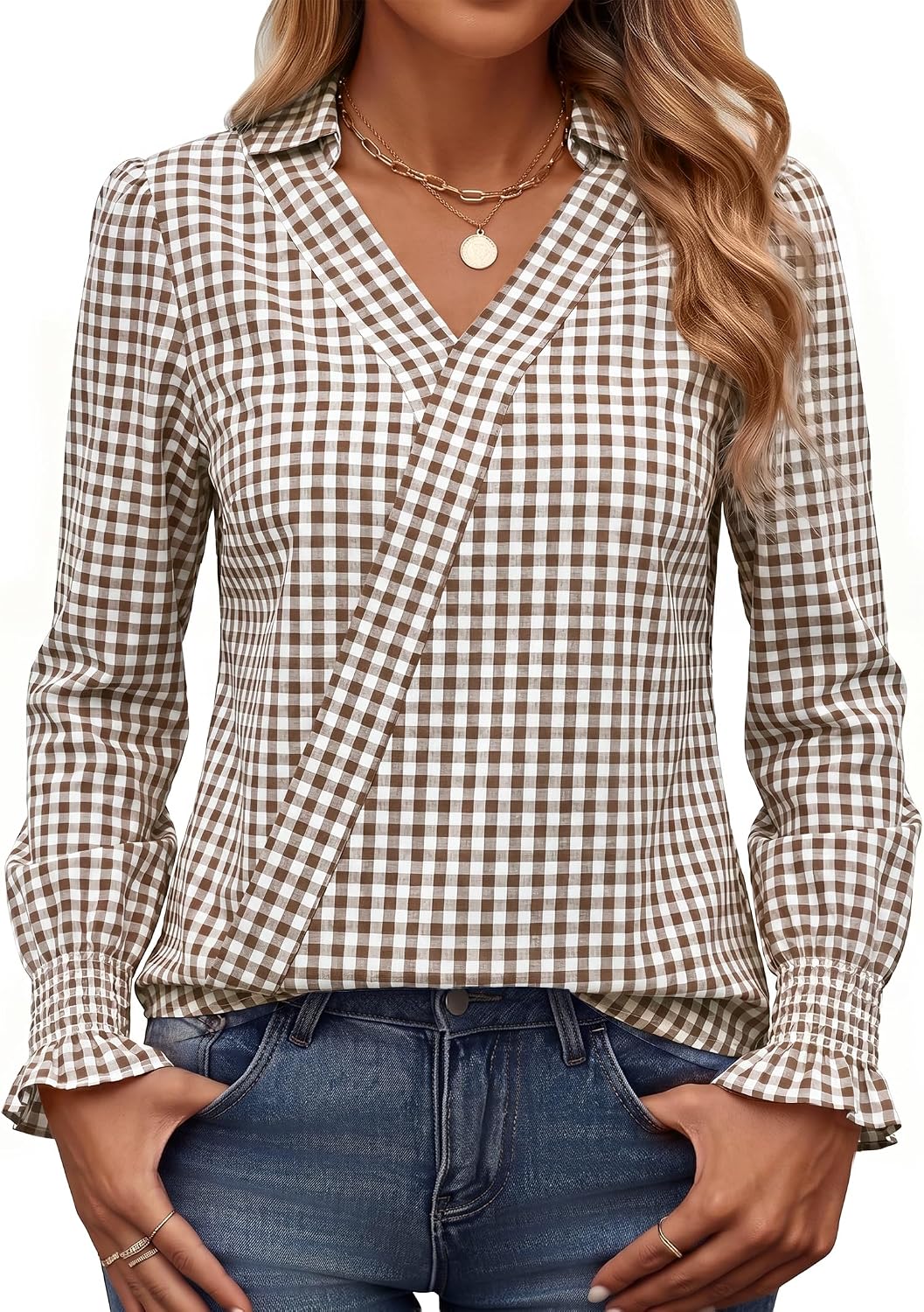 Funlingo Funlingo Women Long Sleeve V Neck Collared Shirts Business Casual Work Tops