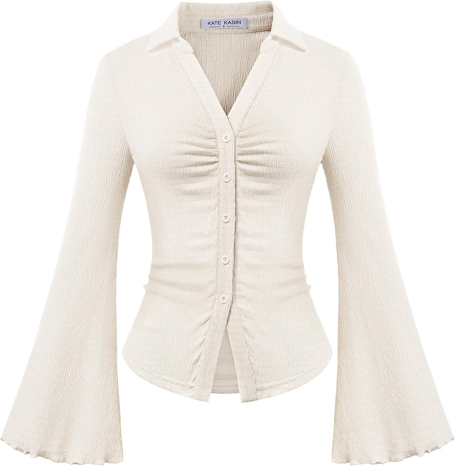 Kate Kasin Kate Kasin Womens Button Down Collared Ruched Bell Sleeve Slim Y2K Shirts