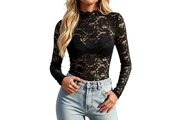 Zeagoo Zeagoo Lace Tops for Women Mesh Sheer Long Sleeve Shirts Going Out Blouses | Lace undershirt, sexy top, country concert outfit, trendy fashion clothing, fall blouses