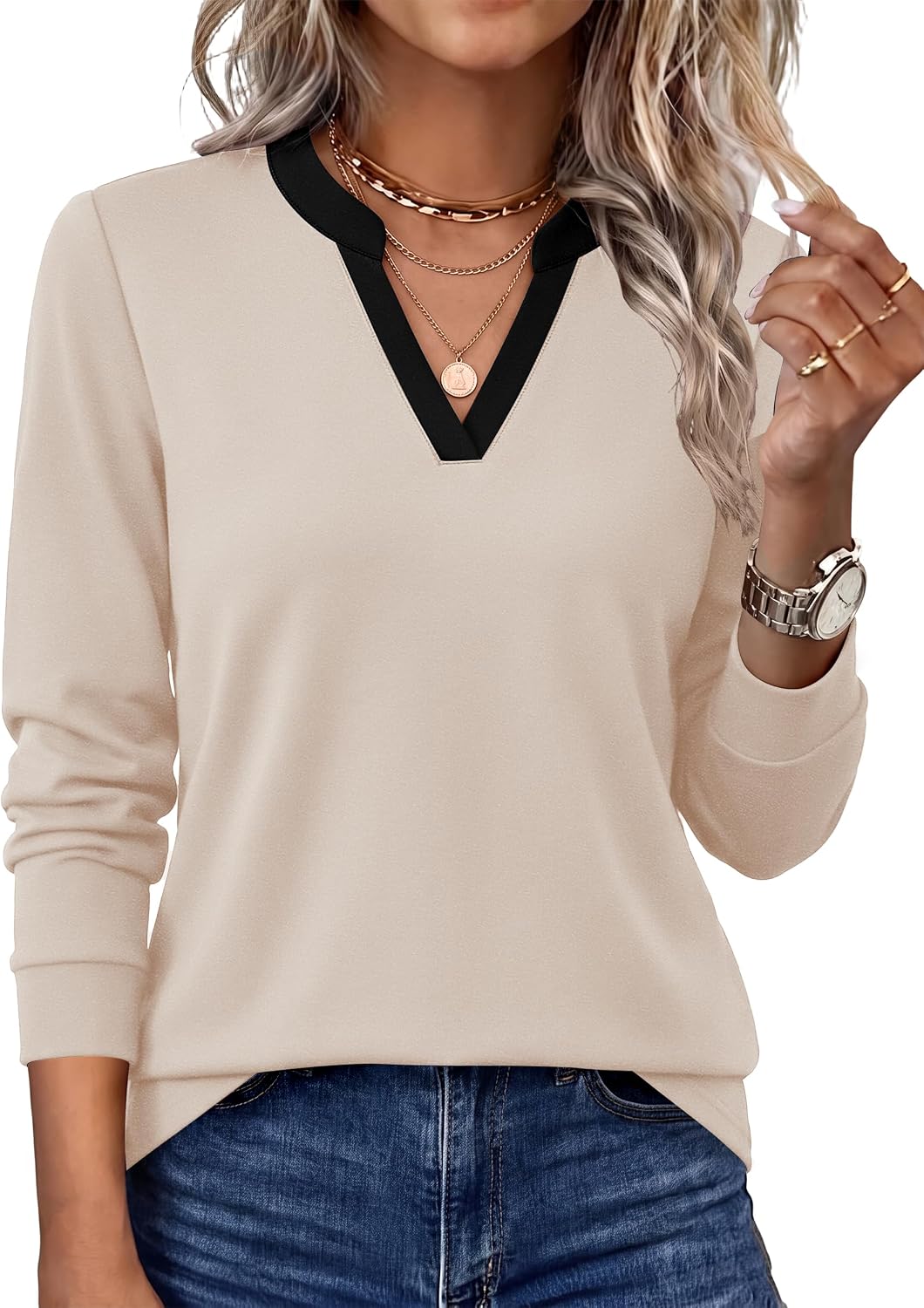 WIHOLL WIHOLL V Neck Business Casual Tops Fall Blouses Trendy Long Sleeve Shirts