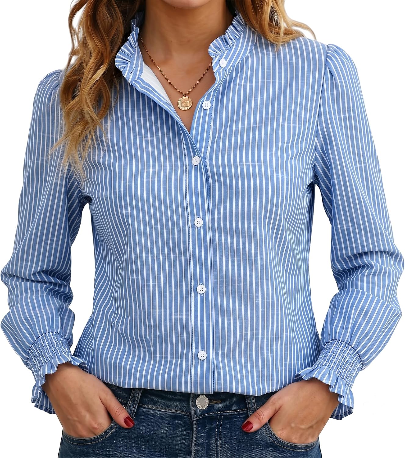 Funlingo Funlingo Button Down Shirts for Women Long Sleeve Tops Ruffle Collar Blouse