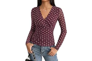 GRACE KARIN GRACE KARIN Womens Boho Mesh Tops Long Sleeve Blouses Dressy Casual | Wrap V Neck Floral Tops, Ruched Waist, 2026 Fall Fashion Clothes, Elegant Going Out Tops