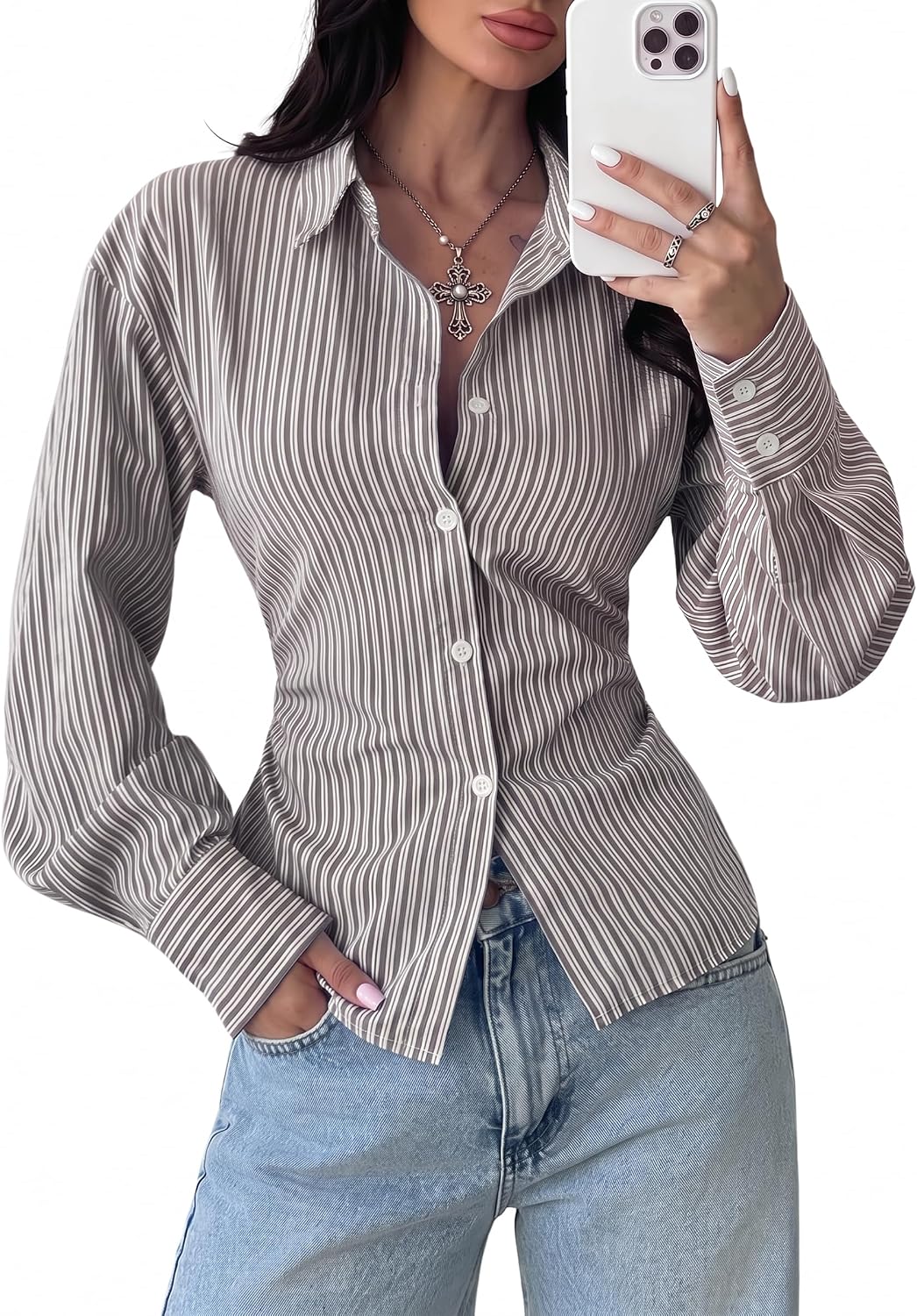 Dokotoo Dokotoo Striped Button Down Shirts for Women Long Sleeve Collared Slim Fit Tie Back Blouses Office Work Casual Dressy Tops