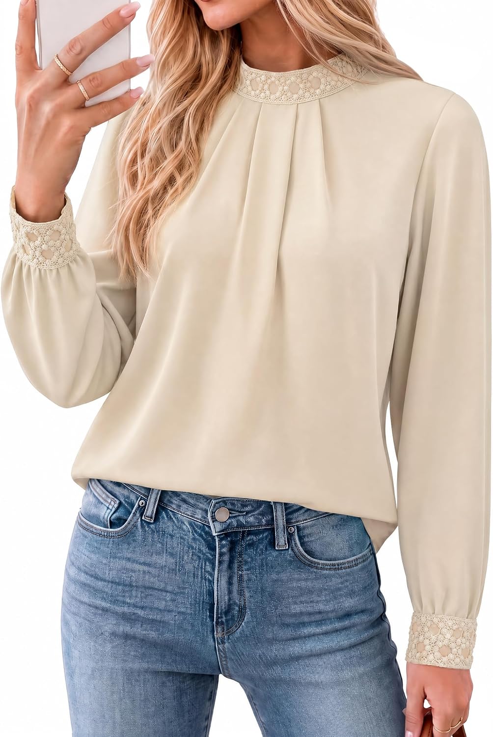 Funlingo Funlingo Women Long Sleeve Shirts Lace Mock Neck Tops Dressy Casual Blouses