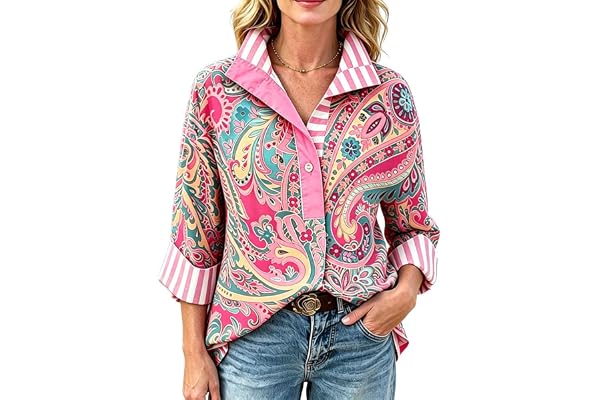 CHERRYBETTY Women Vintage Paisley Mixed Print Striped Collar Blouse | Cotton Blend Fabric,Striped Collar Detail,Mixed Paisley Print,Button Front,Cuffed 3/4 Sleeve,Relaxed Fit,Daily Casual Style