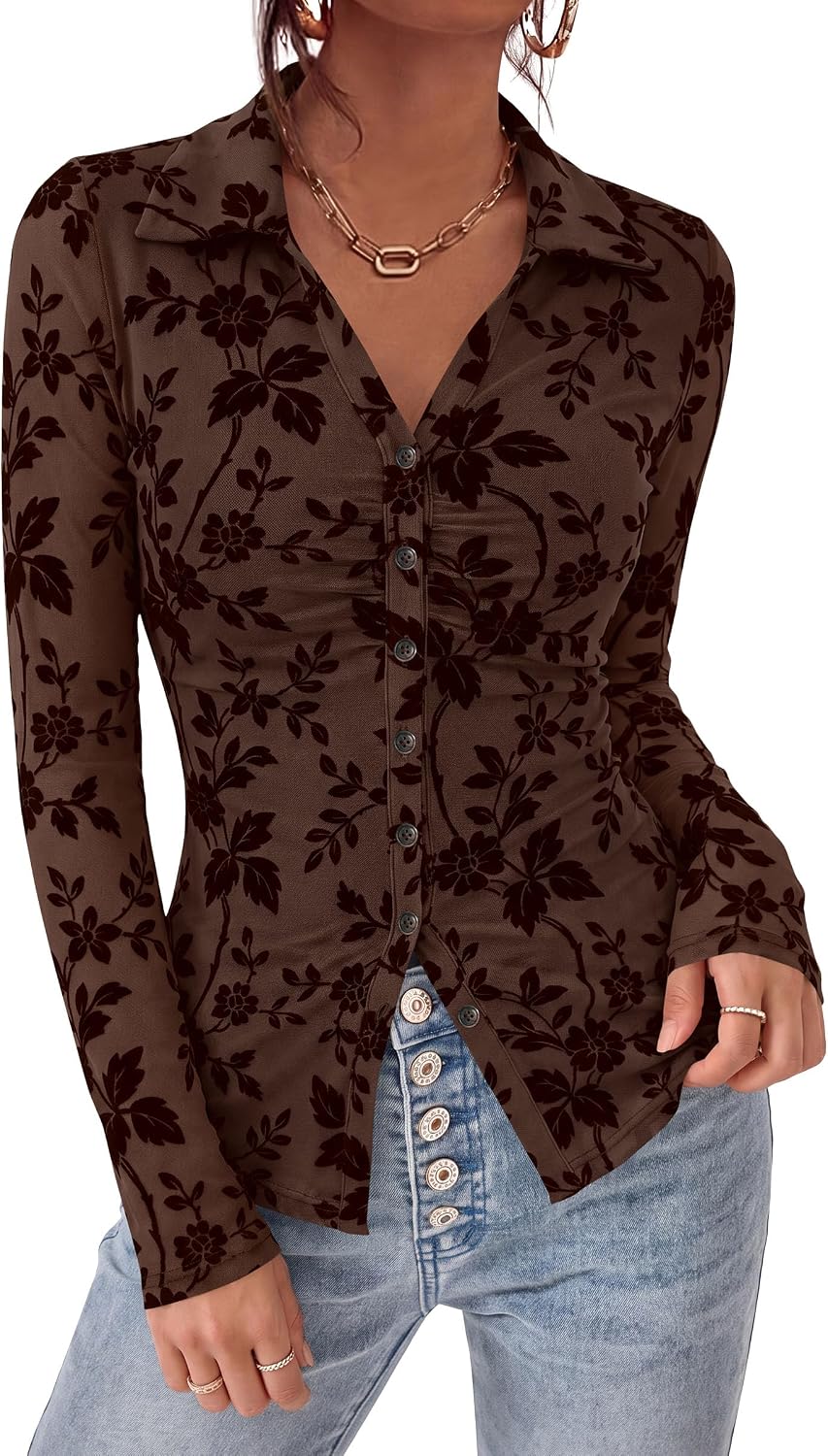 PRETTYGARDEN PRETTYGARDEN Women's Long Sleeve Floral Mesh Boho Tops Button Down Shirts