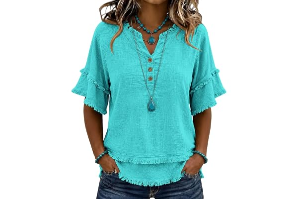 品牌待补抓 Womens Cotton Linen Tops Flowy Summer Gauze Fringe Shirts Retro Short Sleeve V Neck Shirts Raw Hem Loose Beach Clothes