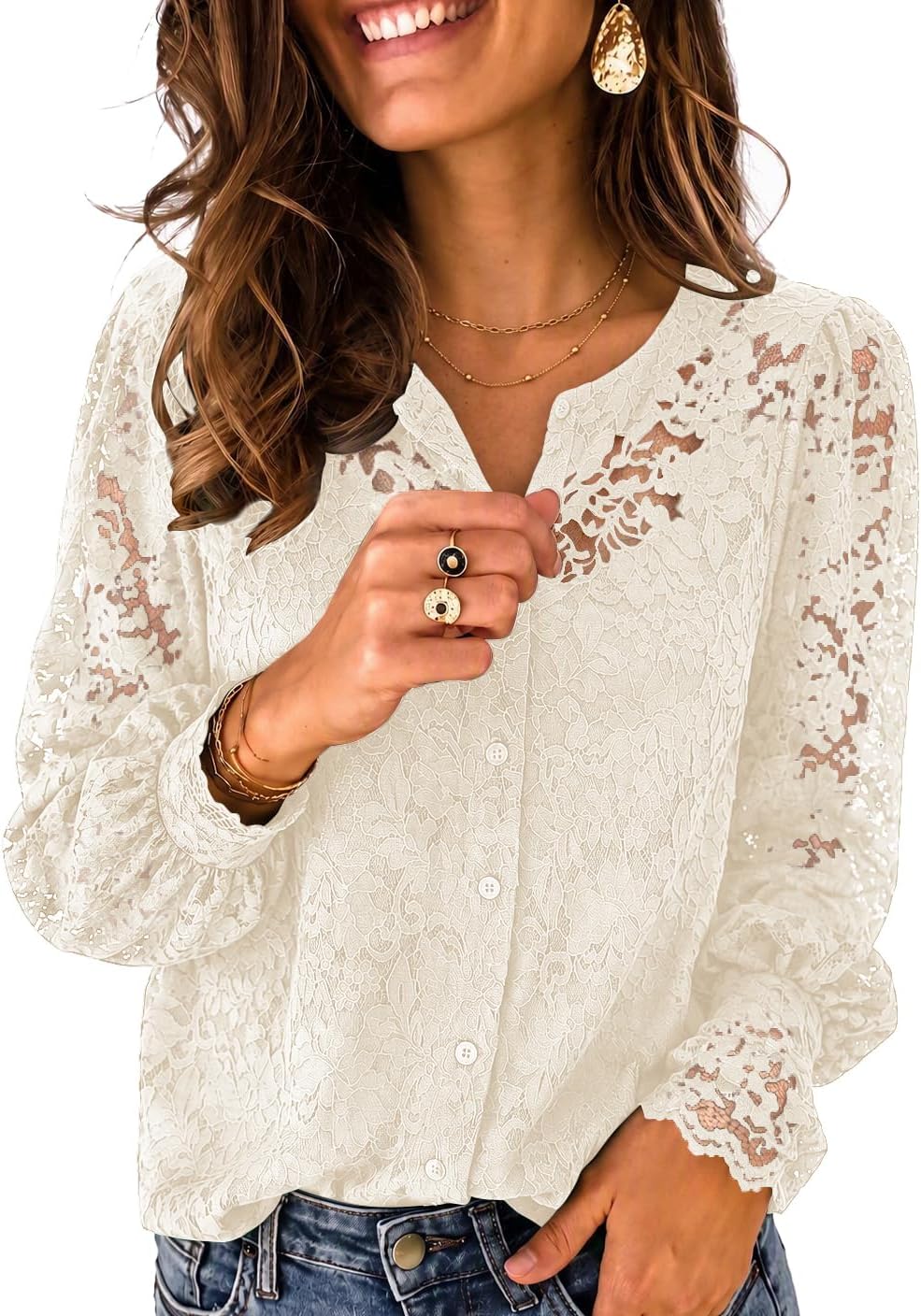 Zeagoo Zeagoo Long Sleeve Shirts for Women Lace Top Button Up Blouse Dressy Casual