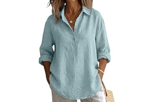 XNDYOM Gauze Linen Shirts for Women Button Down V Neck Cotton Gauzy Tops Long Sleeve Blouses Dressy Casual Loose Fit Tunics