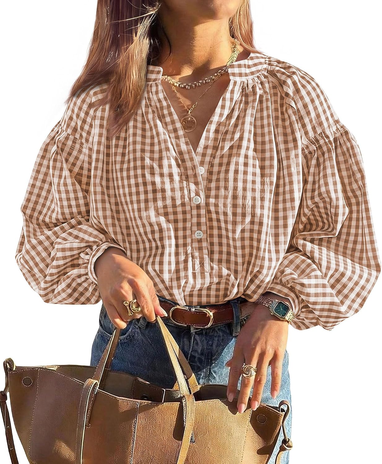 PRETTYGARDEN PRETTYGARDEN Women Fall Plaid Long Puff Sleeve Shirts V Neck Casual Blouses