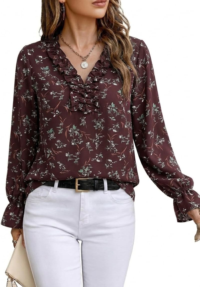 Timeson Timeson Women's Long Sleeve Fall Tops Ruffled Frills V-Neck Work Blouses