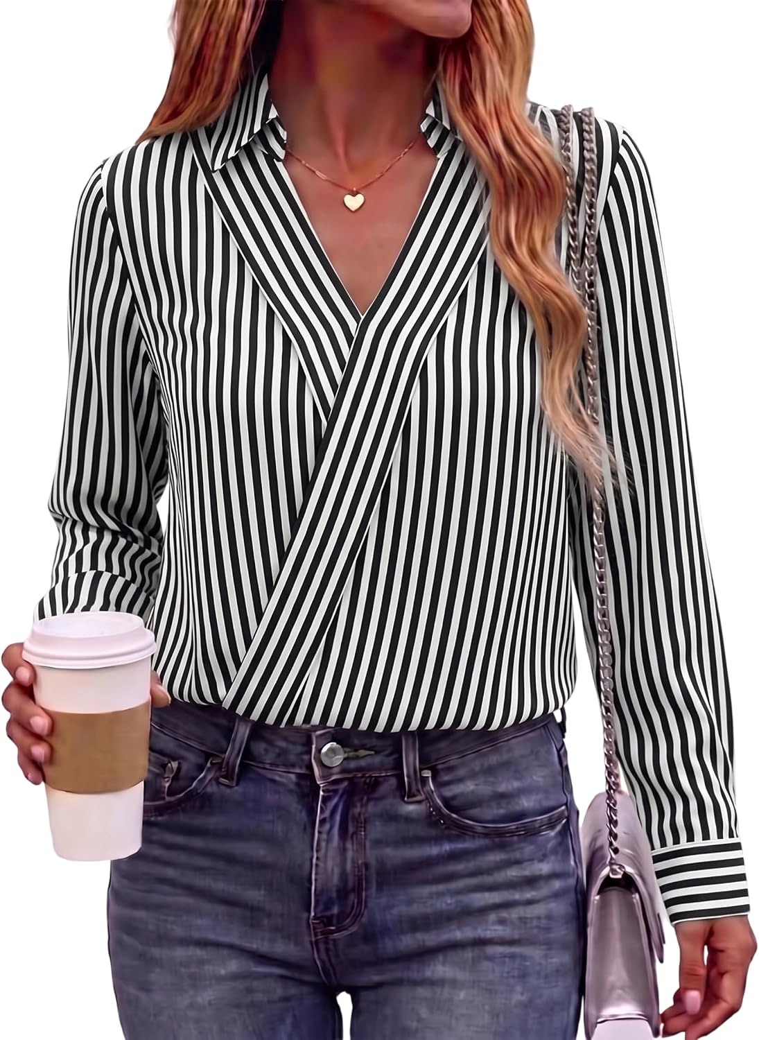 GRECERELLE GRECERELLE Striped Long Sleeve Shirt Women Business Casual Tops for Women
