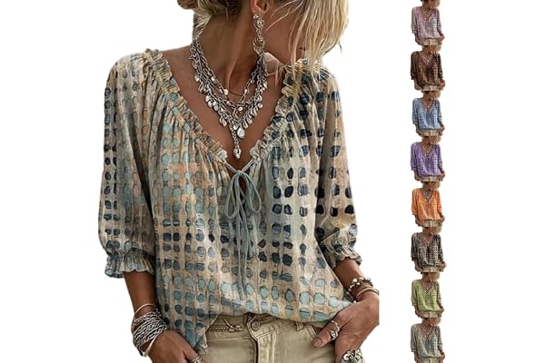 品牌待补抓 Womens Polka Dot Lace up Blouses 3/4 Sleeve V Neck Peasant Top Summer | Boho Tops for Women, Abstract Geometric, Soft Comfy, Dressy Casual, Loose Fit Tunic, Ruffle Blouse, Floral Bohemian Shirts
