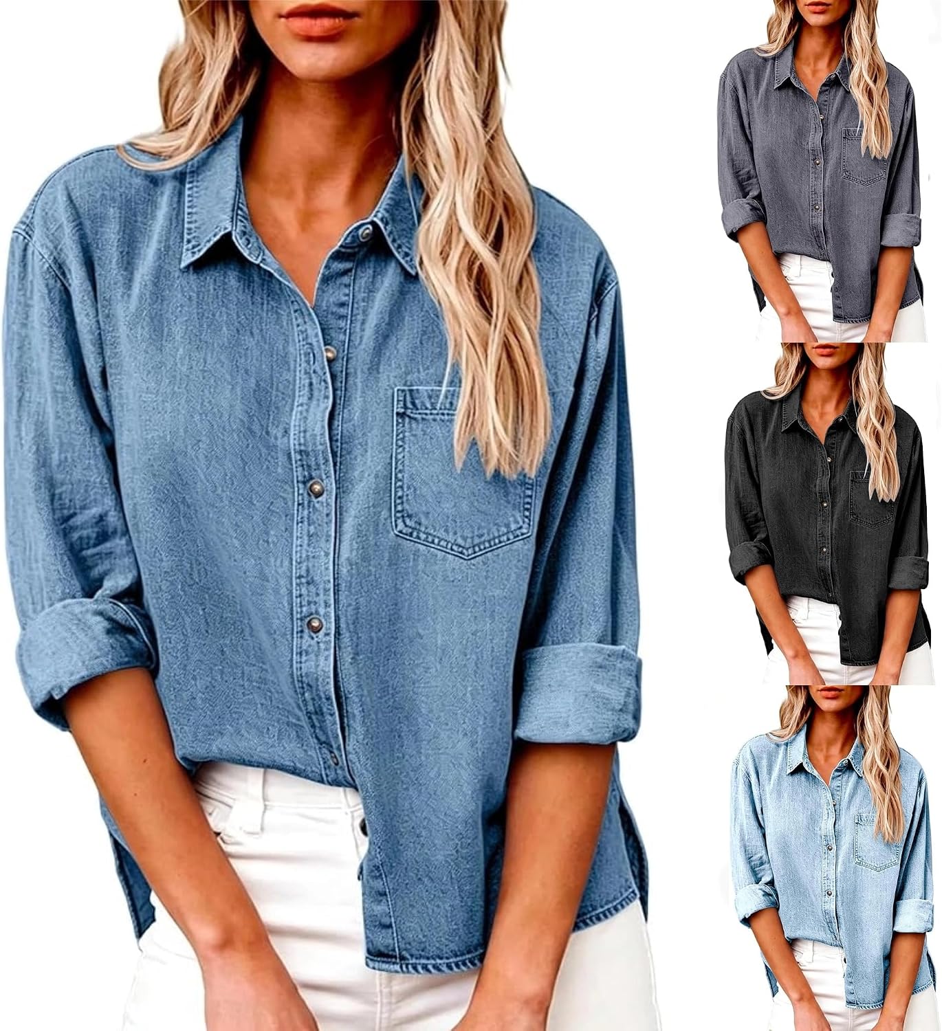 LAMIEN Denim Shirt Women Long Sleeve Button Down Collared Jean Shirt Denim Blouse