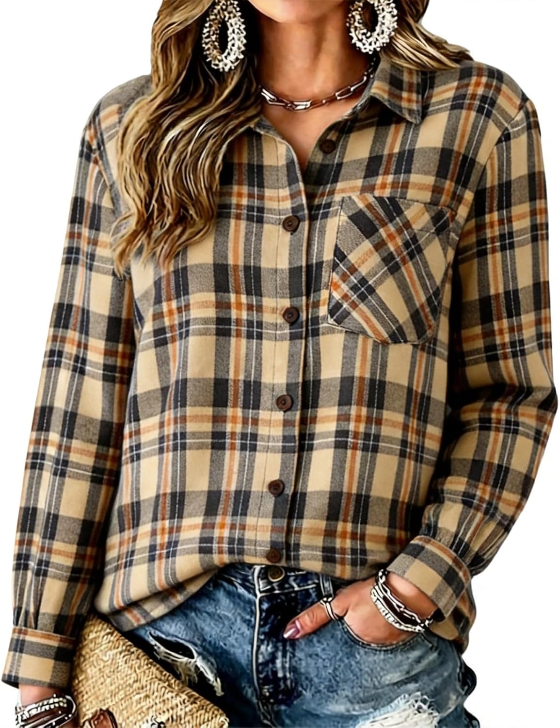 ASUIU Women's Plaid Flannel Shirts Fashion Long Sleeve Button Down Fall Top